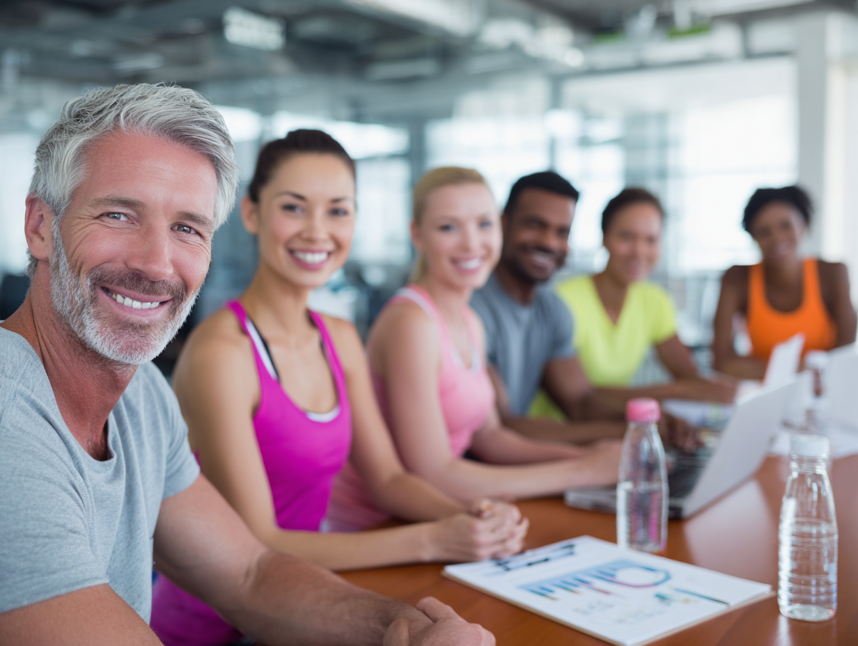 Команда тренерів prumadel різного віку та статі під час групової консультації